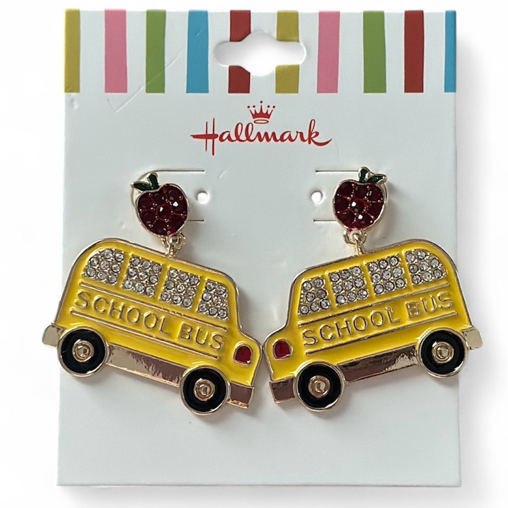 ☀️Hallmark Yellow School Bus Earrings with Red Apple 🚌🍎